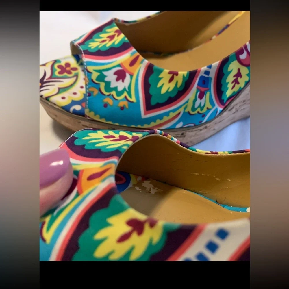Vibrant Multicolor Floral Print Cork Wedge Heels